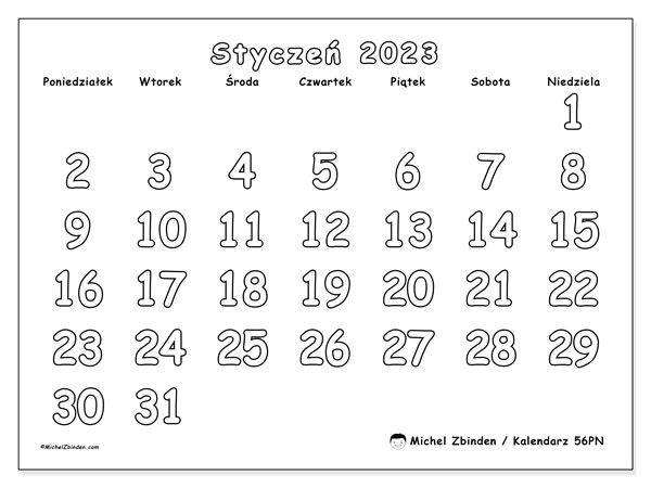 Kalendarz do druku, styczeń 2023, 56PN