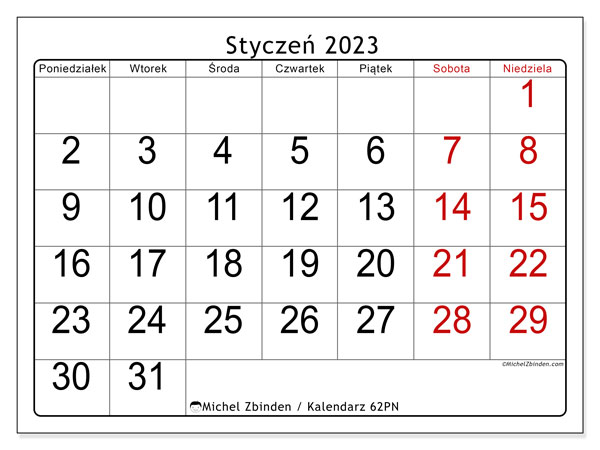 Kalendarz do druku, styczeń 2023, 62PN