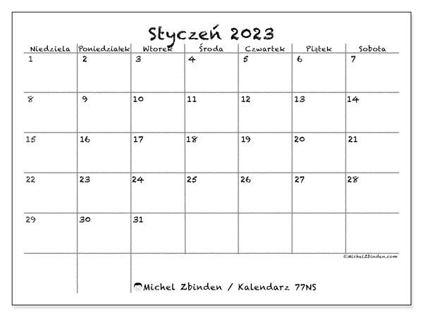 Kalendarz do druku, styczen 2023, 77NS
