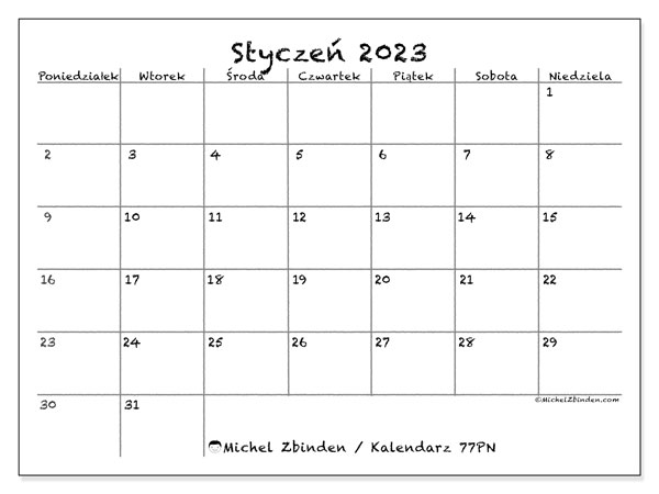 Kalendarz do druku, styczen 2023, 77PN