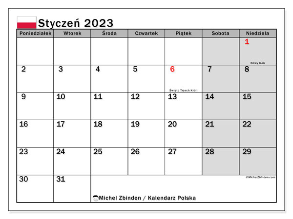 Kalendarz do druku, styczeń 2023, Polska