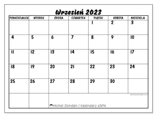 Kalendarz do druku, wrzesień 2023, 45PN
