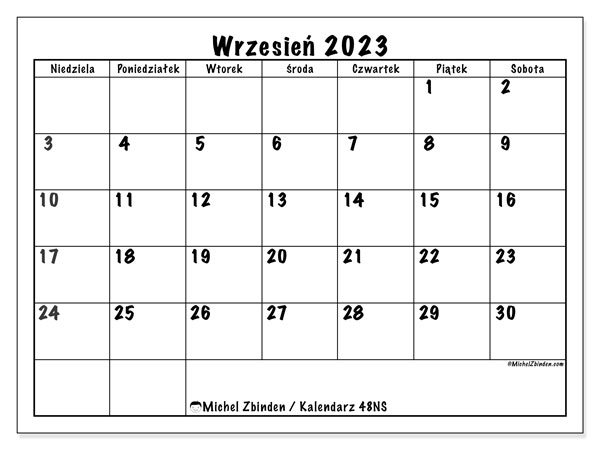 Kalendarz wrzesień 2023, 48NS. Darmowy plan do druku.