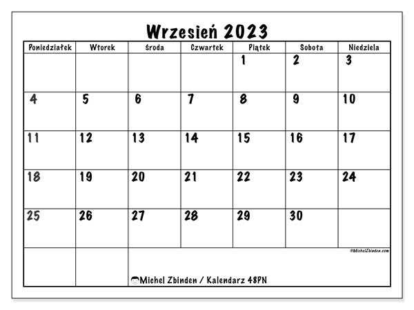 Kalendarz wrzesień 2023, 48PN. Darmowy plan do druku.