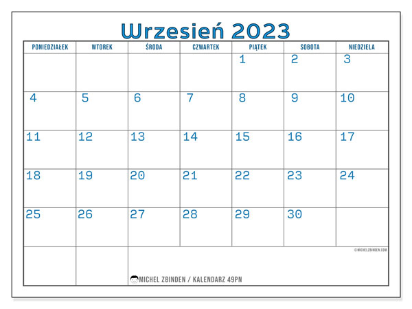 Kalendarz wrzesień 2023, 49PN. Darmowy plan do druku.