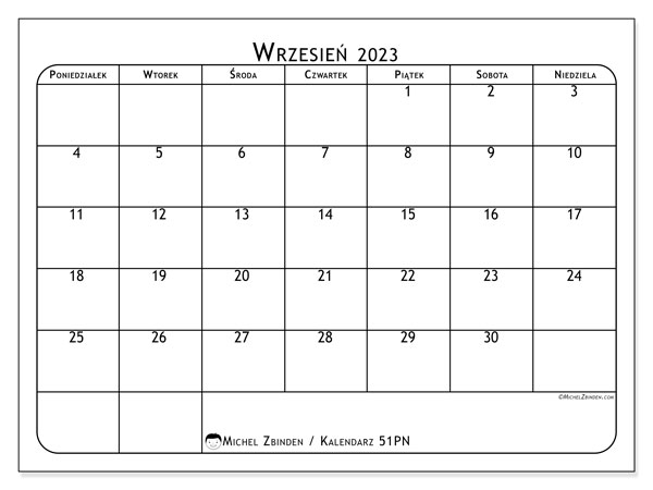 Kalendarz do druku, wrzesień 2023, 51PN