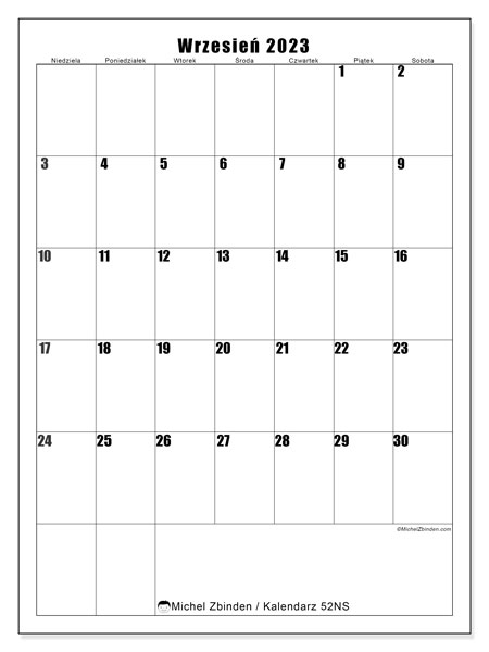 Kalendarz do druku, wrzesień 2023, 52NS