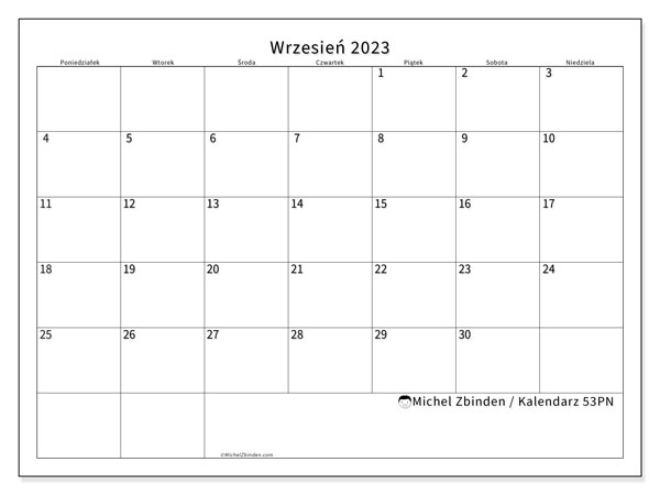 Kalendarz wrzesień 2023, 53PN. Darmowy dziennik do druku.