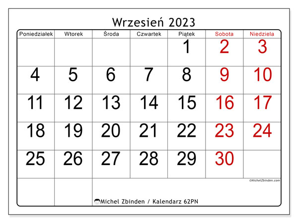 Kalendarz do druku, wrzesień 2023, 62PN