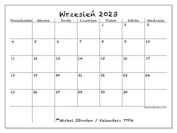 Kalendarz do druku, wrzesień 2023, 77PN