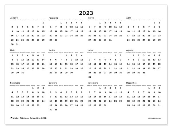 Calendário 2023 para imprimir. Calendário anual “32SD” e horário imprimível livre