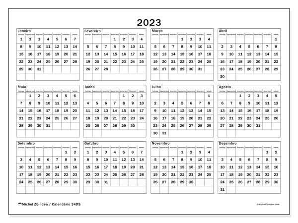 Calendário anual 2023, 34DS. Programa gratuito para impressão.