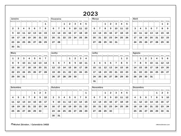 Calendário 2023 para imprimir. Calendário anual “34SD” e programa imprimível livre