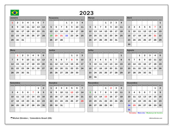 Kalender 2023, Brasilien (PT). Programm zum Ausdrucken kostenlos.