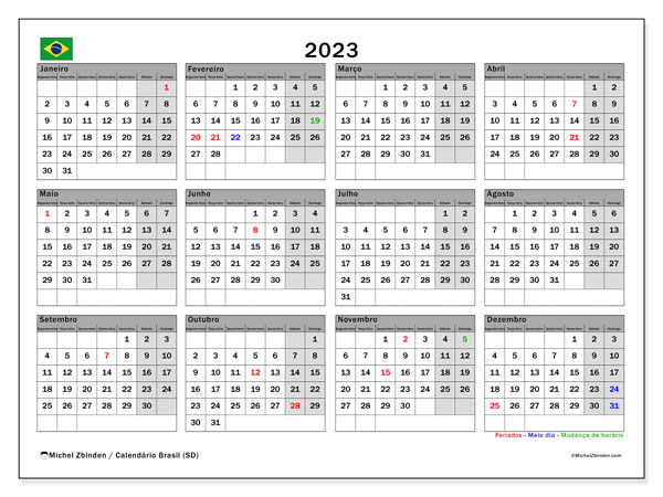 Calendário para imprimir, 2023, Brasil (SD)