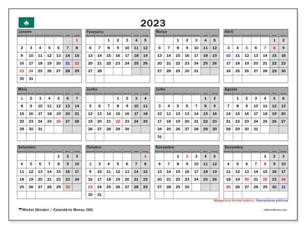 Kalender 2023, Macau (PT). Gratis afdrukbaar programma.