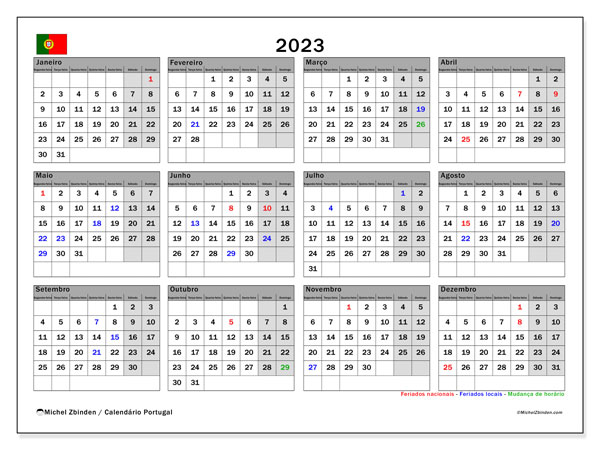 Calendrier annuels 2023, Portugal (PT), prêt à imprimer et gratuit.