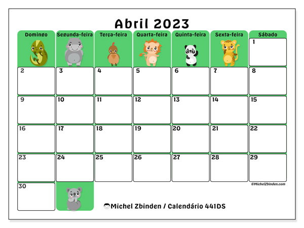 441DS, calendário de abril de 2023, para impressão, grátis.