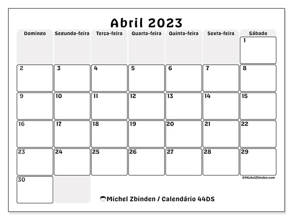 44DS, calendário de abril de 2023, para impressão, grátis.