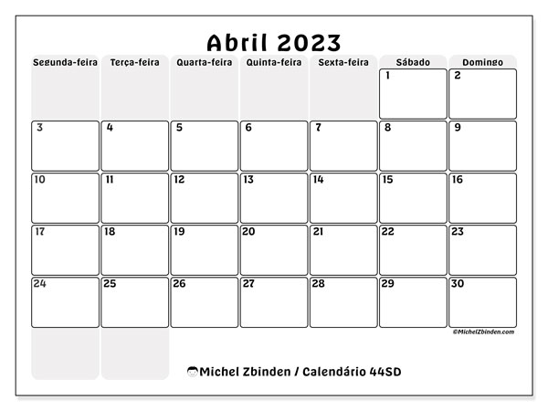 44SD, Abril de 2023 calendário, para impressão, grátis.