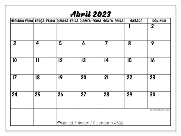 45SD, Abril de 2023 calendário, para impressão, grátis.