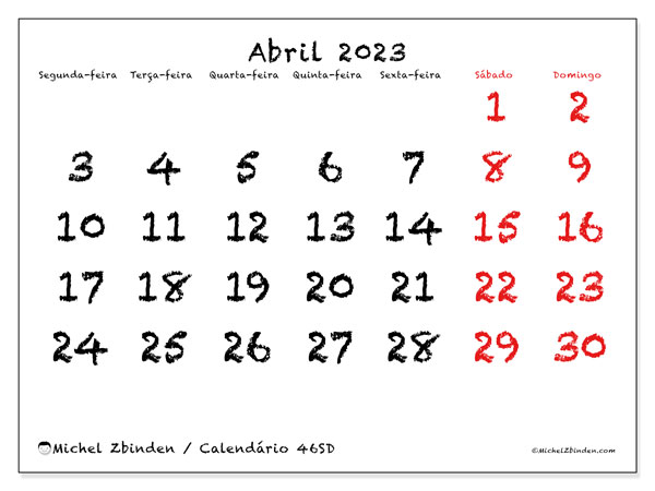 46SD, Abril de 2023 calendário, para impressão, grátis.