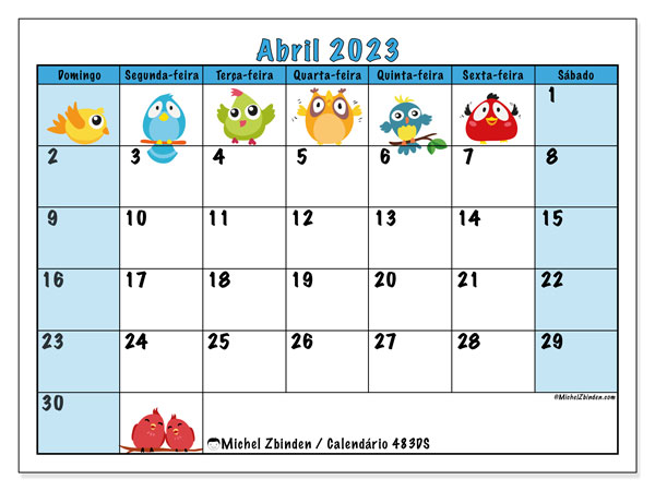 Calendário de abril de 2023 para imprimir. Calendário mensal “483DS” e planejamento imprimível livre