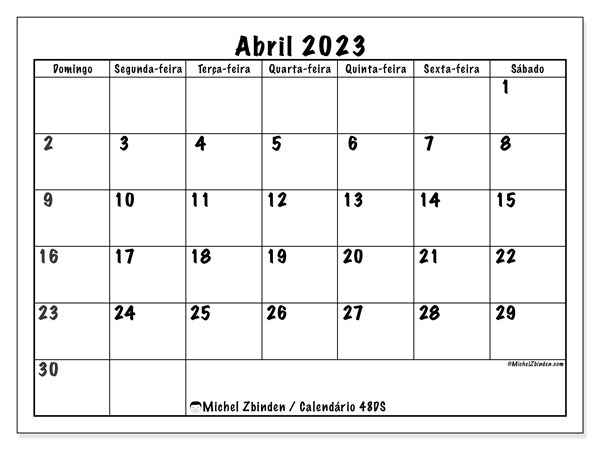 Calendário para imprimir, abril 2023, 48DS