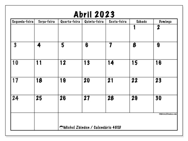 Calendário de abril de 2023 para imprimir. Calendário mensal “48SD” e planejamento para imprimir grátis