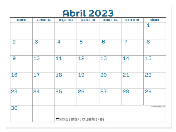 49DS, calendário de abril de 2023, para impressão, grátis.