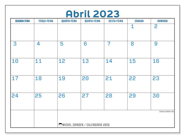 49SD, Abril de 2023 calendário, para impressão, grátis.