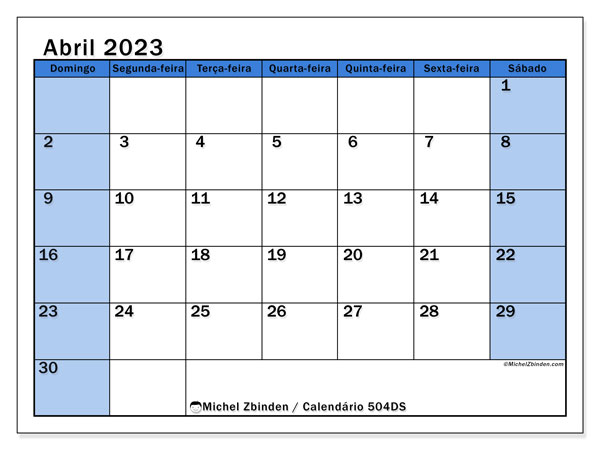 Calendário para imprimir, abril 2023, 504DS