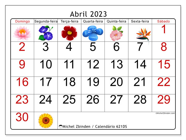 621DS, calendário de abril de 2023, para impressão, grátis.