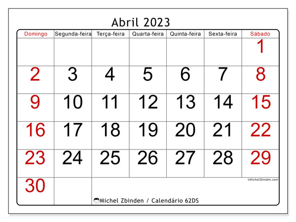 62DS, calendário de abril de 2023, para impressão, grátis.