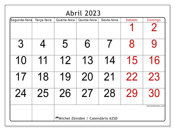 62SD, Abril de 2023 calendário, para impressão, grátis.