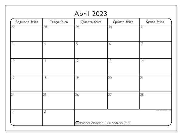 74DS, calendário de abril de 2023, para impressão, grátis.