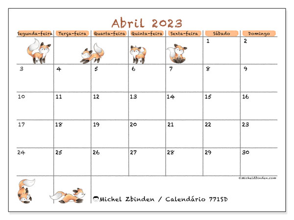 Calendário para imprimir, Abril 2023, 771SD