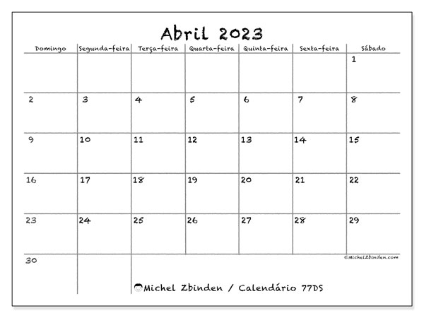 77DS, calendário de abril de 2023, para impressão, grátis.