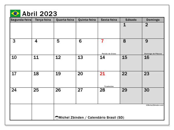 Calendário para imprimir, Abril 2023, Brasil (SD)