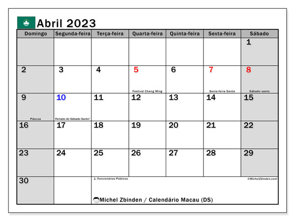 Macau (DS), Abril de 2023 calendário, para impressão, grátis.