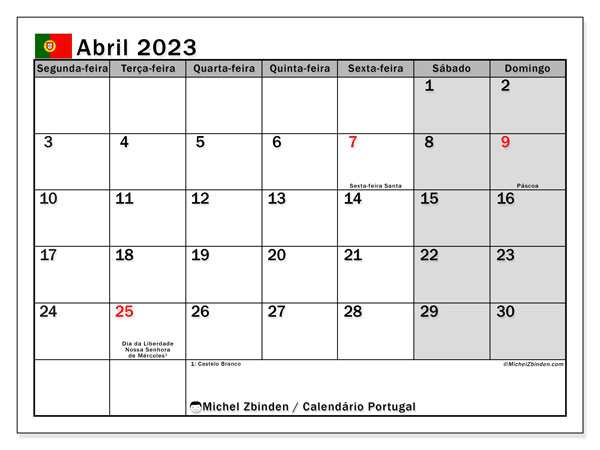 Calendrier avril 2023, Portugal (PT), prêt à imprimer et gratuit.