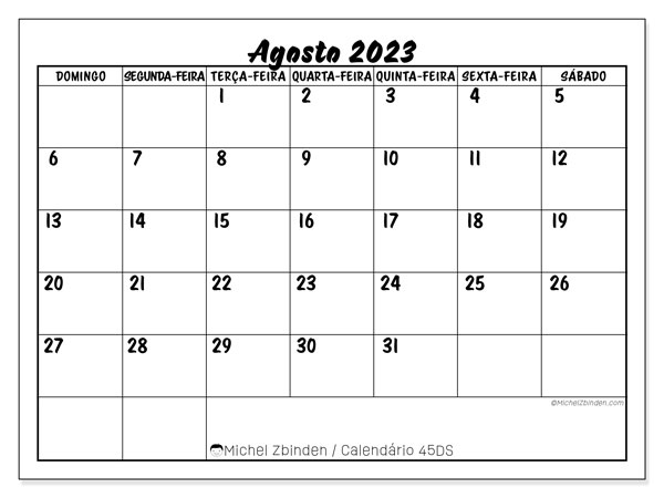 Calendário para imprimir, Agosto 2023, 45DS