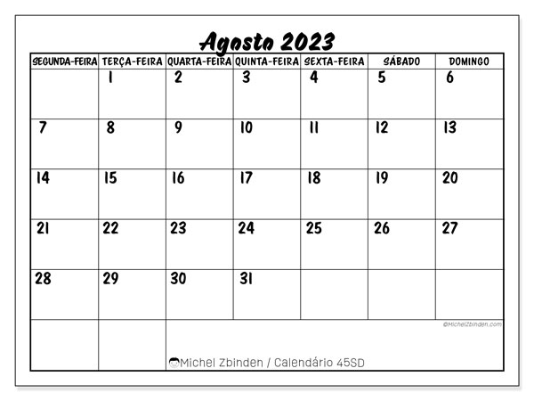 45SD, Agosto de 2023 calendário, para impressão, grátis.