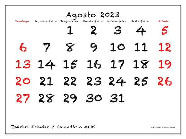 Calendário para imprimir, agosto 2023, 46DS
