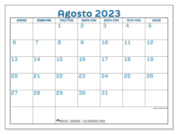 Calendário Agosto 2023, 49DS. Programa gratuito para impressão.