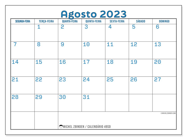 Calendário Agosto 2023, 49SD. Programa gratuito para impressão.