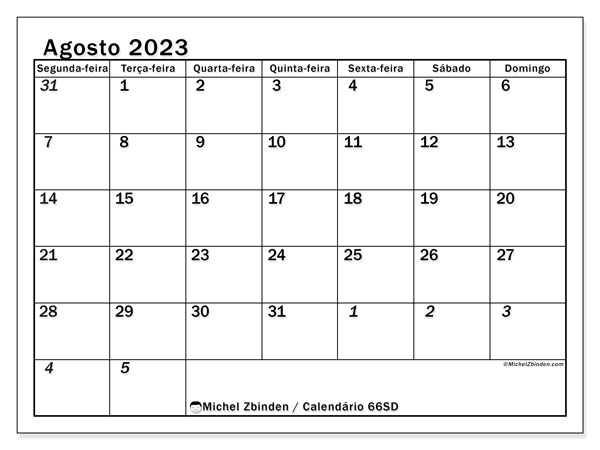 Calendário Agosto 2023, 501SD. Programa gratuito para impressão.