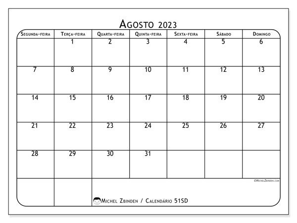 Calendário de agosto de 2023 para imprimir. Calendário mensal “51SD” e programa imprimível livre