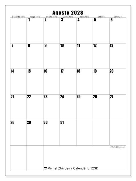 Calendário de agosto de 2023 para imprimir. Calendário mensal “52SD” e programa imprimível livre