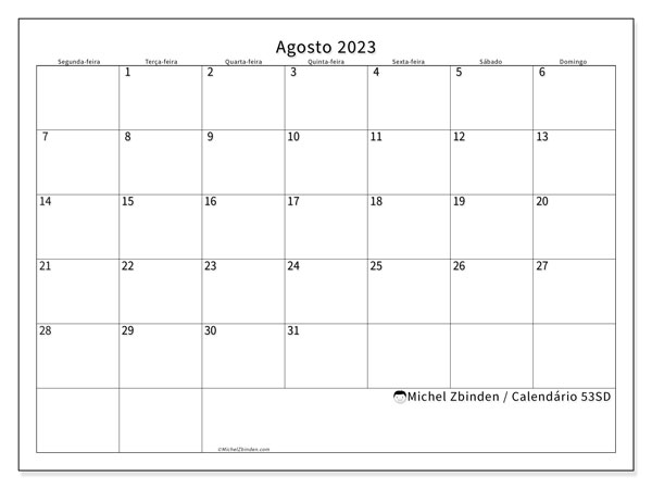 53SD, Agosto de 2023 calendário, para impressão, grátis.